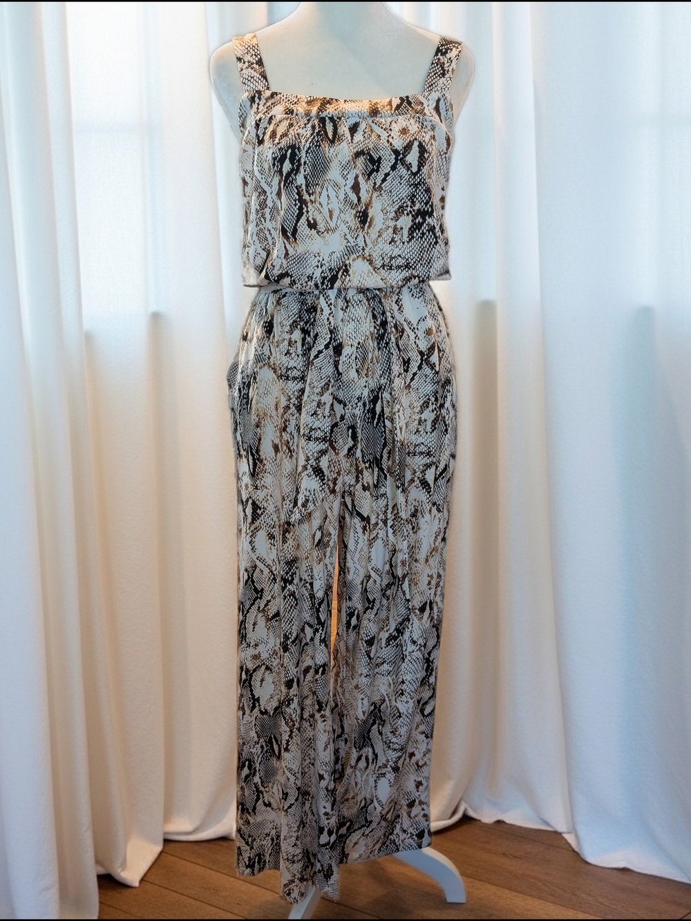 Sleeveless Snake-Print Wide-Leg Jumpsuit in Neutral Tones